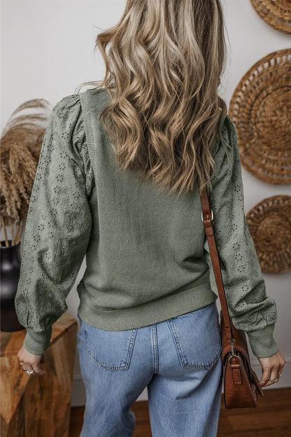 Eyelet Round Neck Long Sleeve Sweatshirt Trendsi