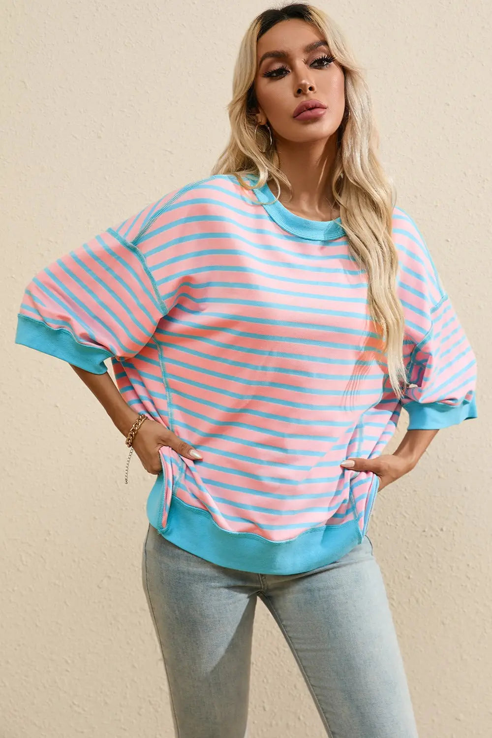 Striped Round Neck Half Sleeve T-Shirt Trendsi