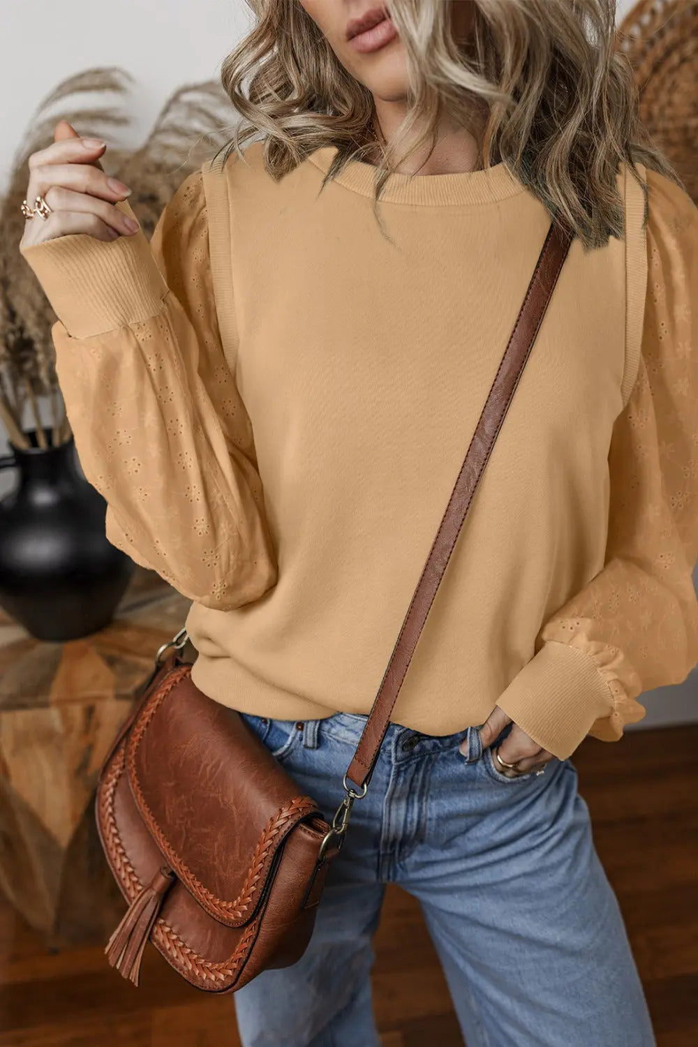 Eyelet Round Neck Long Sleeve Sweatshirt Trendsi