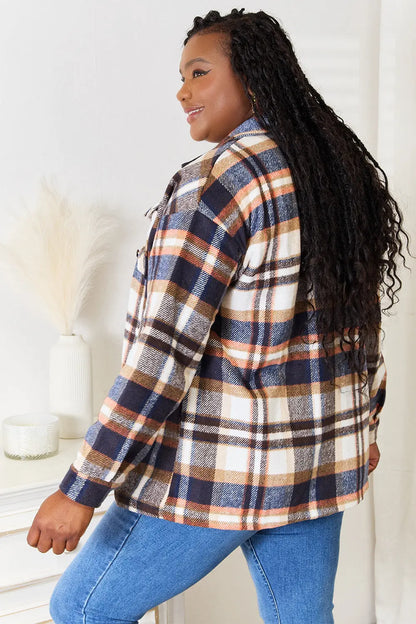 Double Take Plaid Button Front Shirt Jacket with Breast Pockets Trendsi