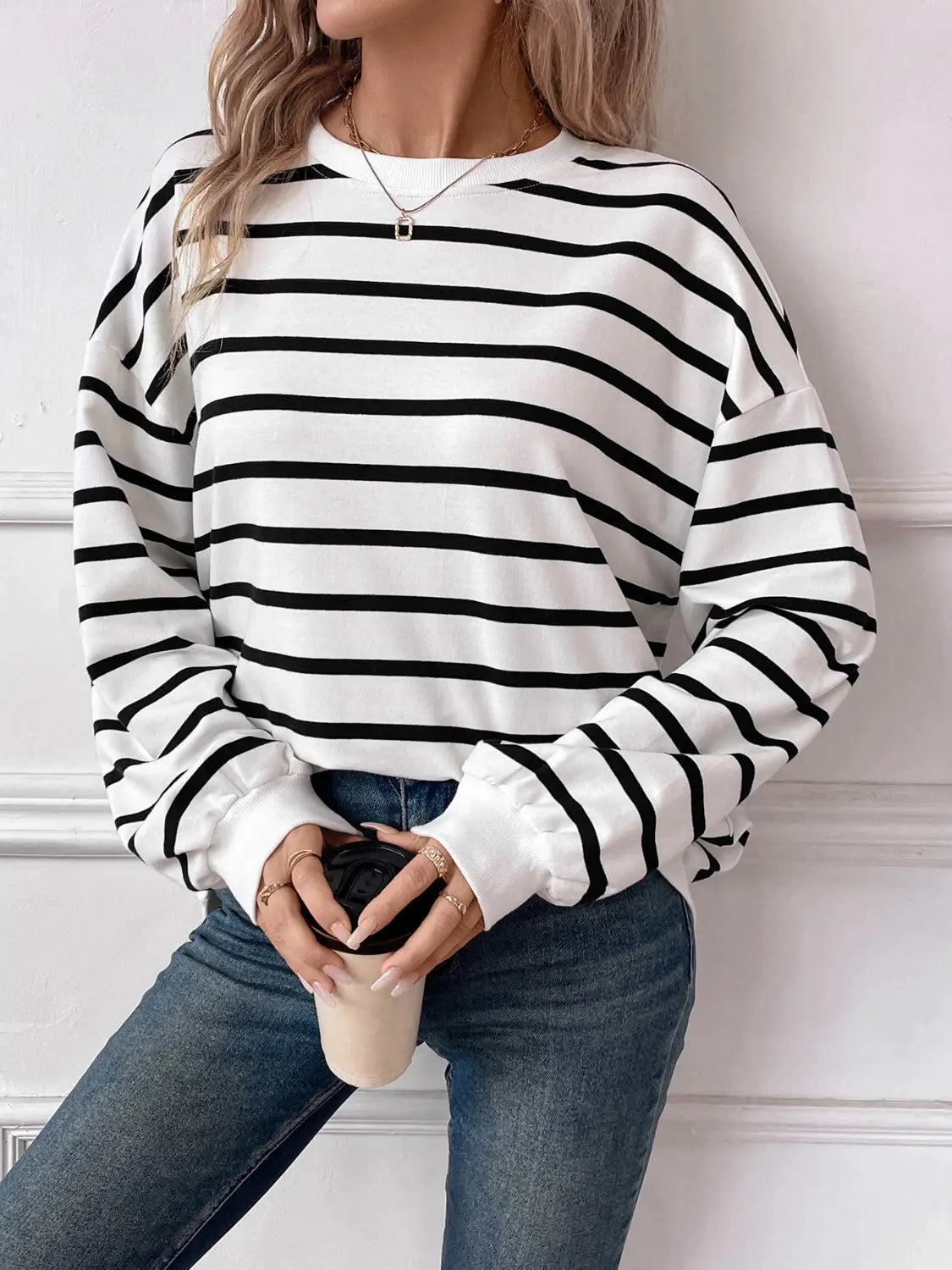 Striped Round Neck Long Sleeve Sweatshirt Trendsi