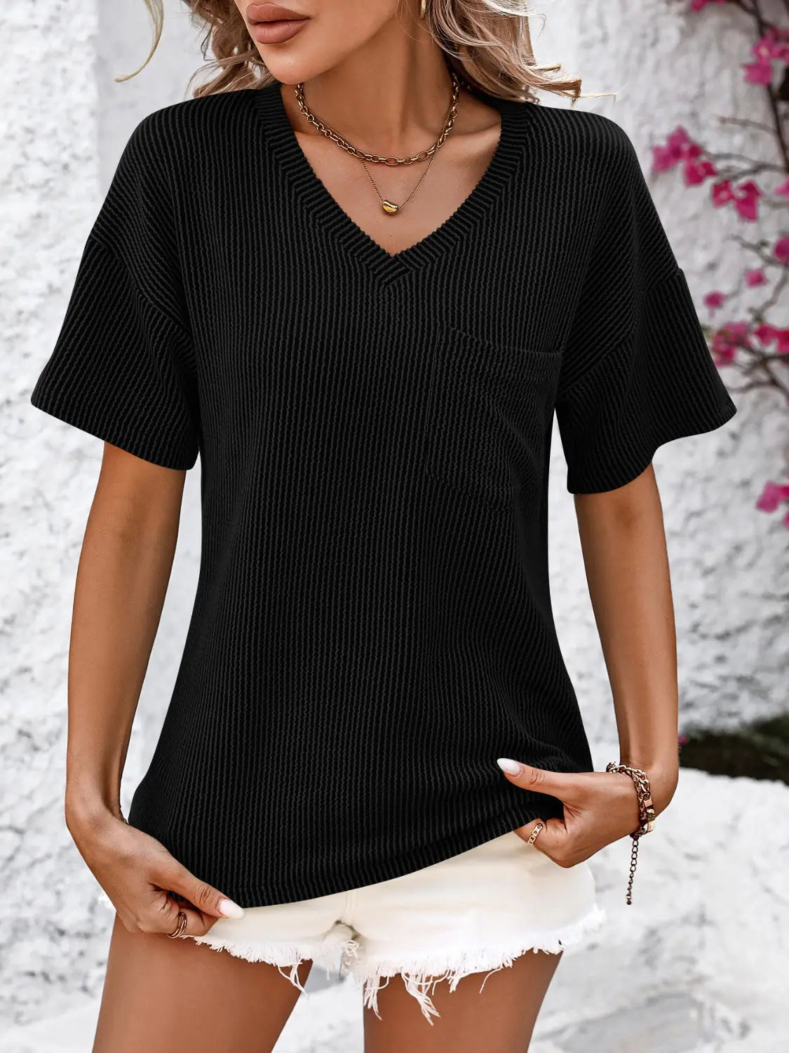 V-Neck Dropped Shoulder T-Shirt Trendsi