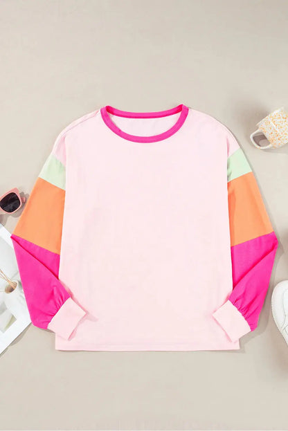 Color Block Round Neck Long Sleeve Top Trendsi