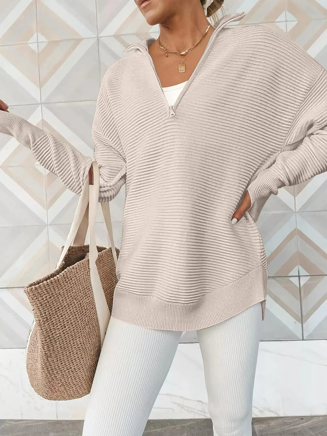 Half Zip Long Sleeve Knit Top Trendsi