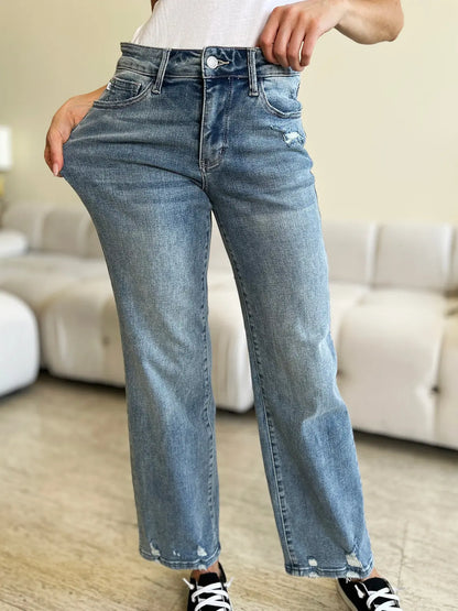 Judy Blue Full Size Mid Rise Distressed Straight Jeans Trendsi