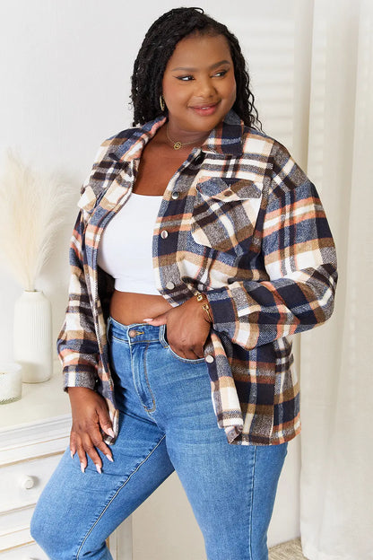 Double Take Plaid Button Front Shirt Jacket with Breast Pockets Trendsi