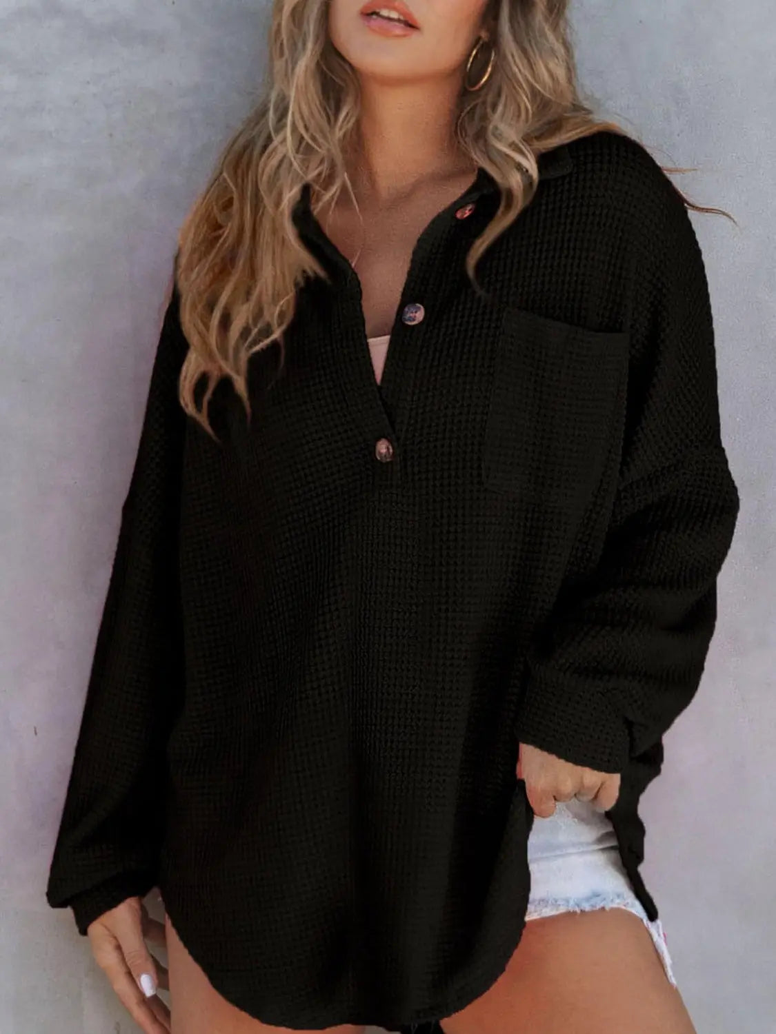 Waffle-Knit Dropped Shoulder Long Sleeve Sweatshirt Trendsi