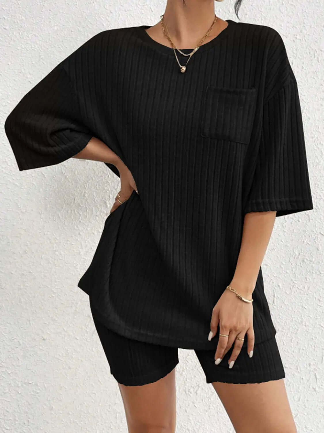 Ribbed Round Neck Top and Shorts Set Trendsi