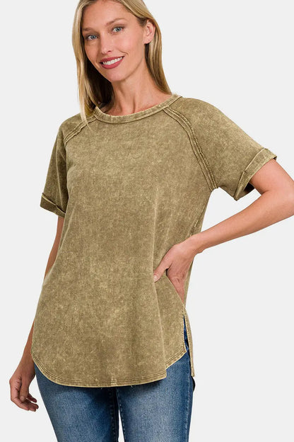 Zenana Heathered Round Neck Short Sleeve Top Trendsi