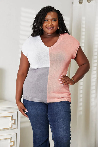 Color Block V-Neck Knit Top Trendsi