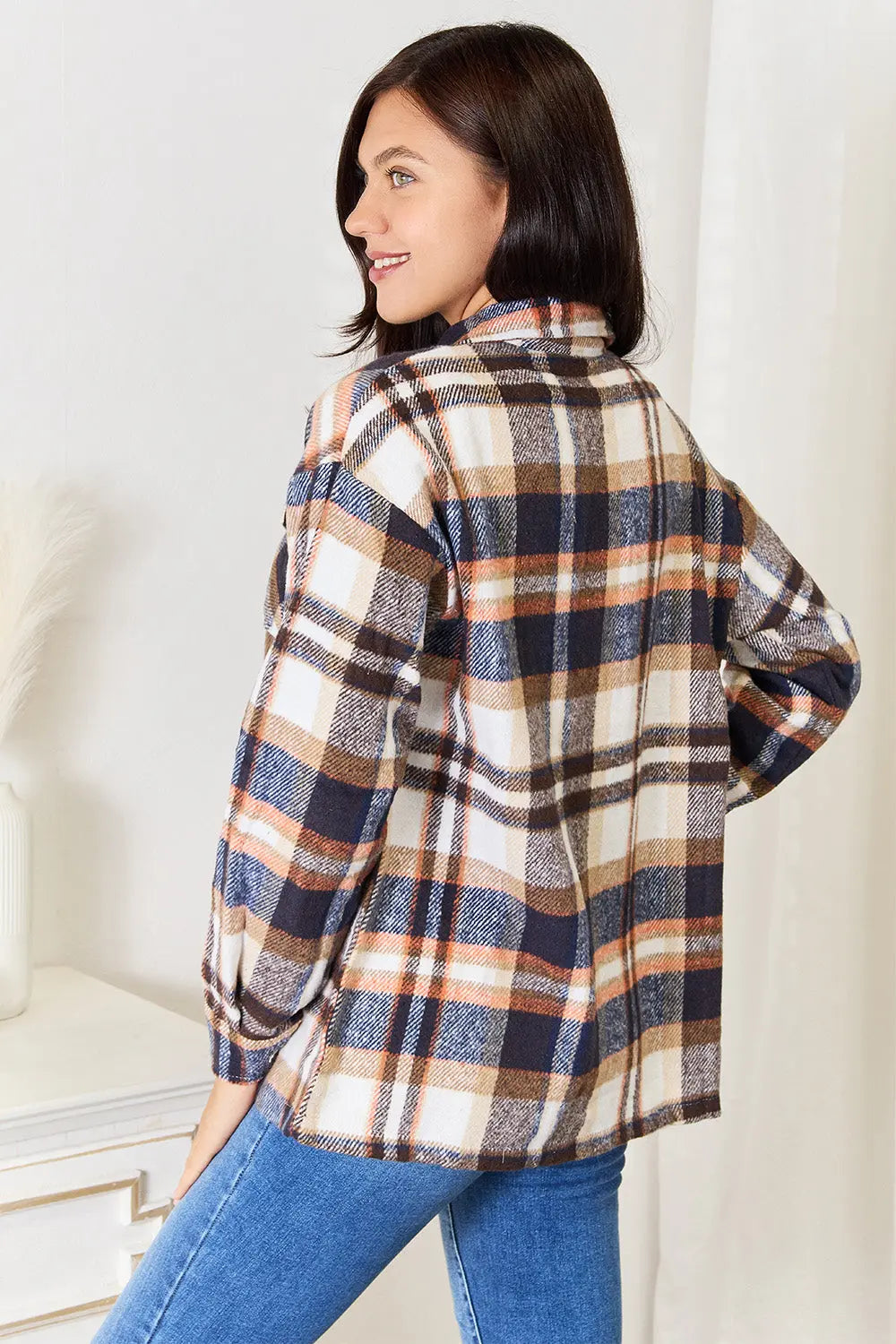 Double Take Plaid Button Front Shirt Jacket with Breast Pockets Trendsi