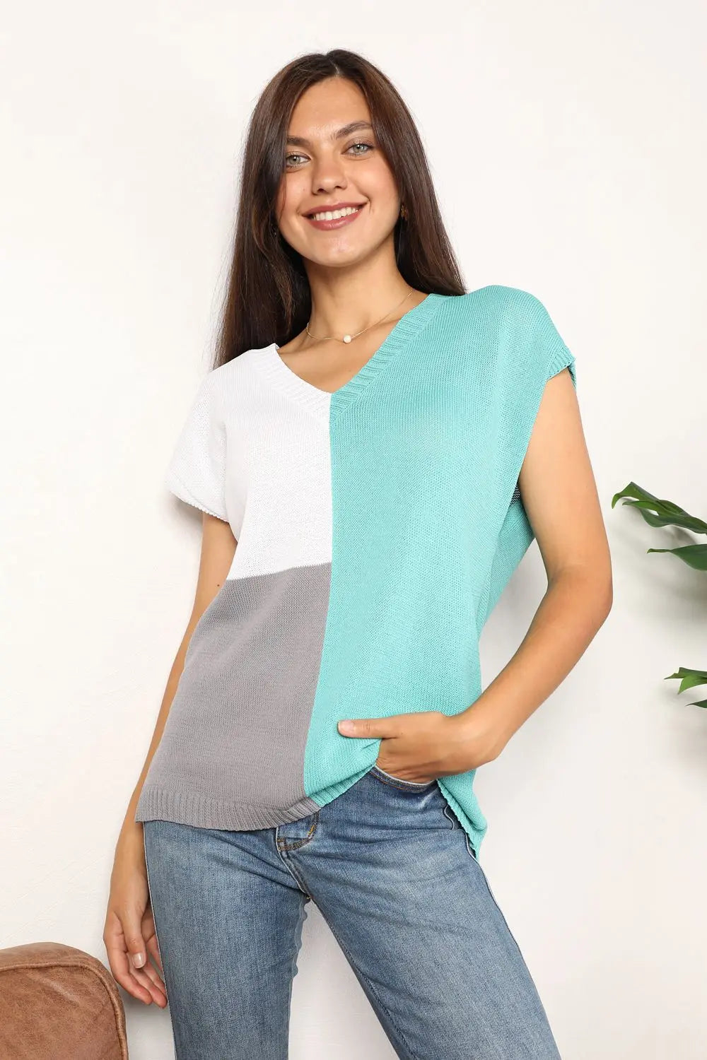 Color Block V-Neck Knit Top Trendsi