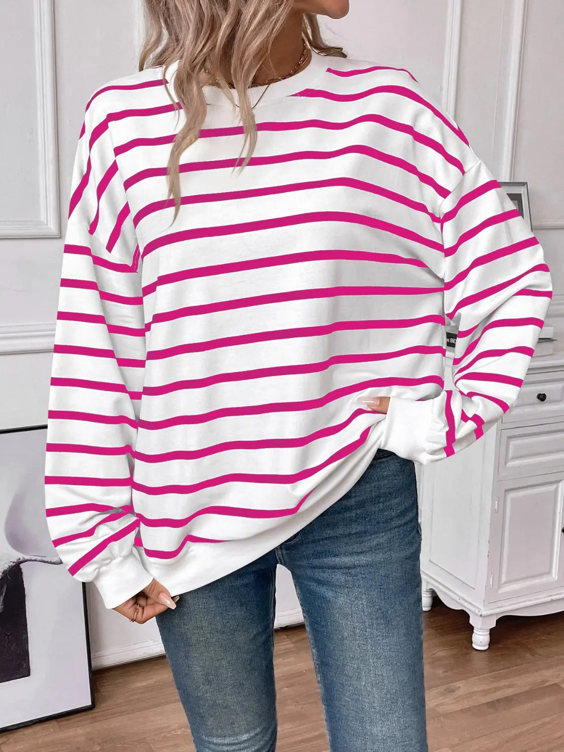 Striped Round Neck Long Sleeve Sweatshirt Trendsi