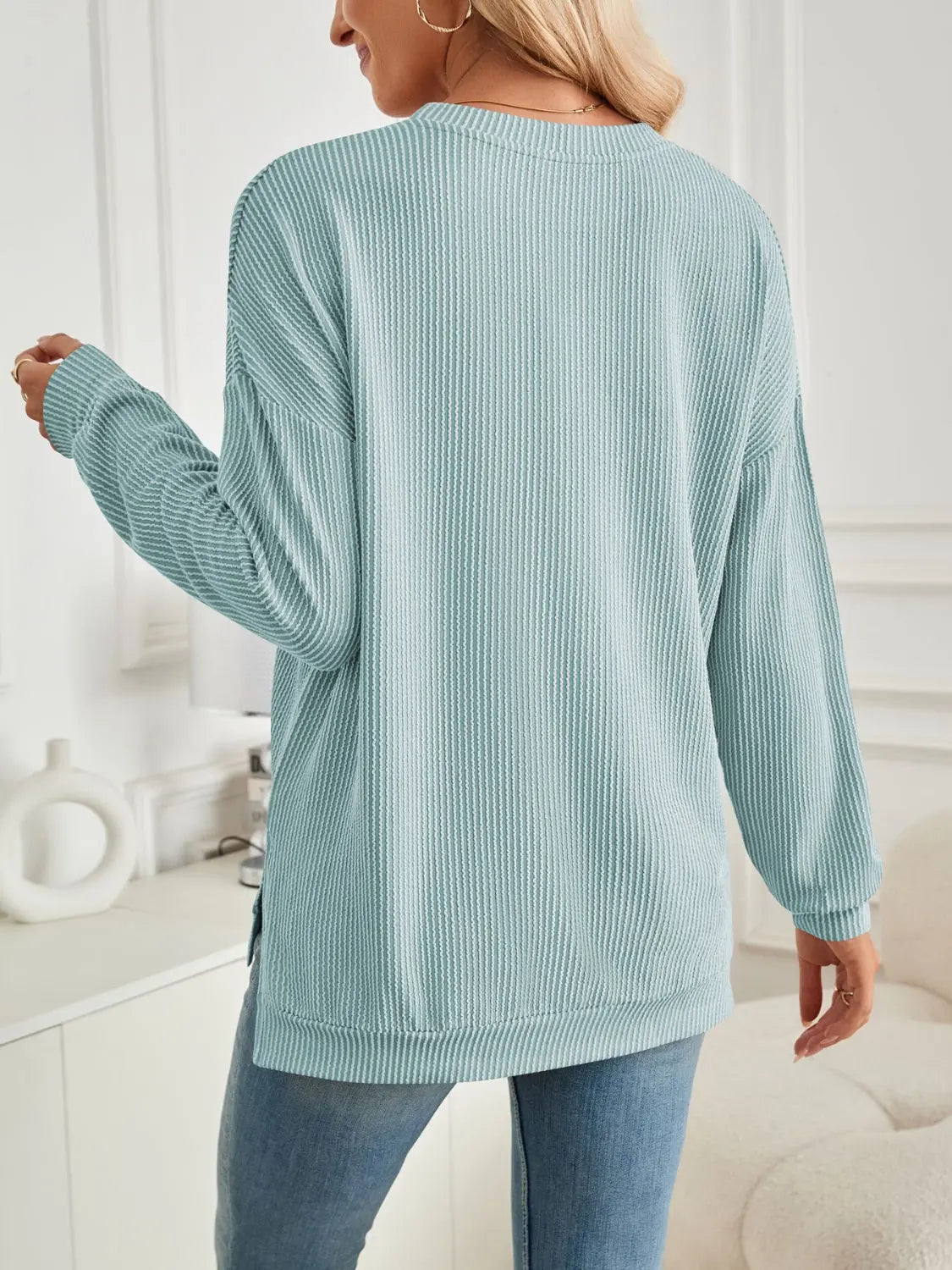 Slit Round Neck Long Sleeve Sweatshirt Trendsi