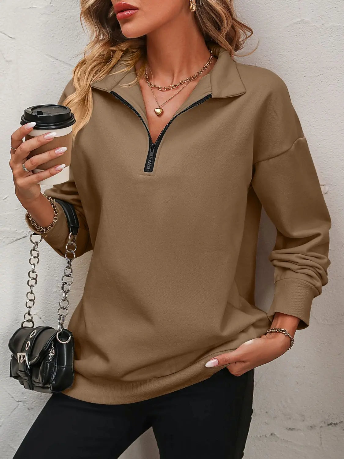 Mandy Zip-Up Dropped Shoulder Sweatshirt Trendsi