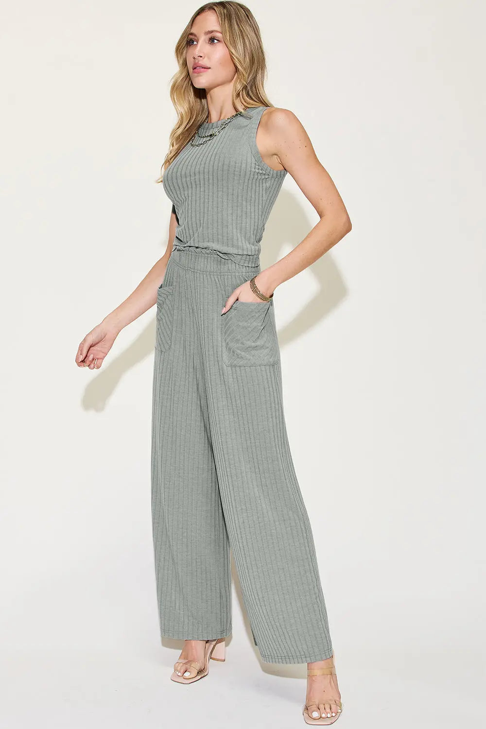 Basic Bae Full Size Ribbed Tank and Wide Leg Pants Set Trendsi