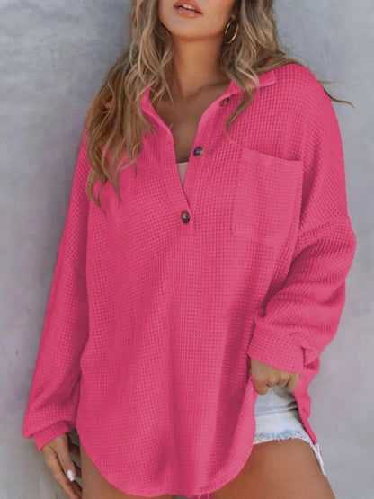 Waffle-Knit Dropped Shoulder Long Sleeve Sweatshirt Trendsi