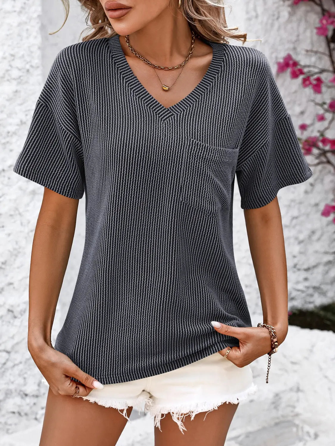 V-Neck Dropped Shoulder T-Shirt Trendsi