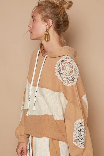 POL Openwork Contrast Dropped Shoulder Hoodie Trendsi