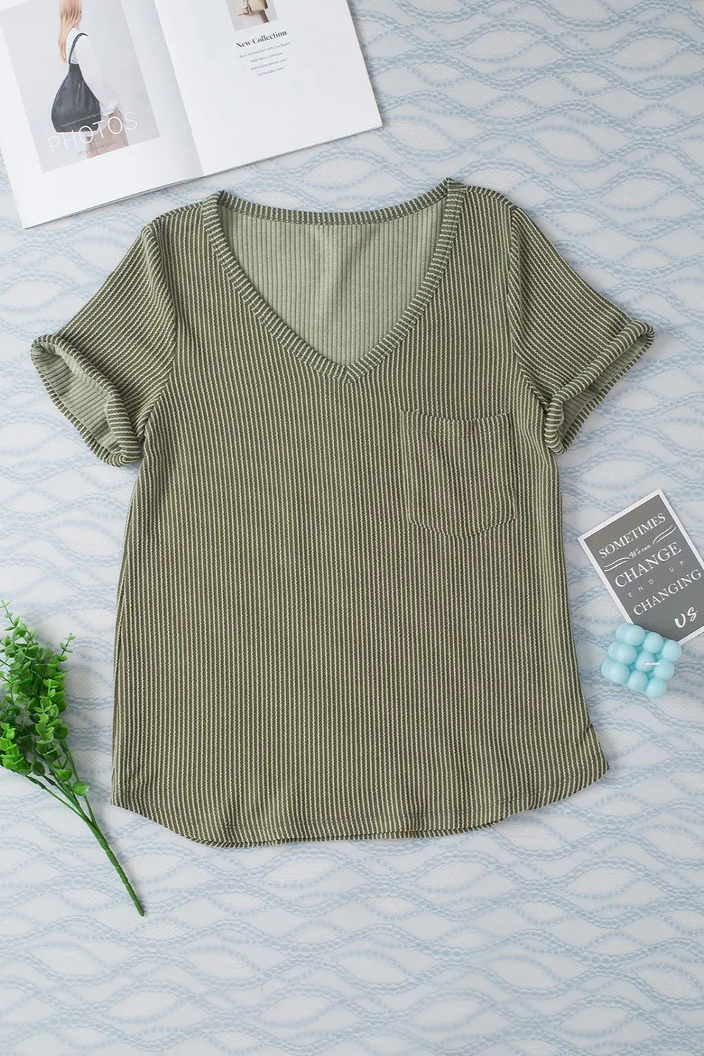 Striped V-Neck Short Sleeve T-Shirt Trendsi