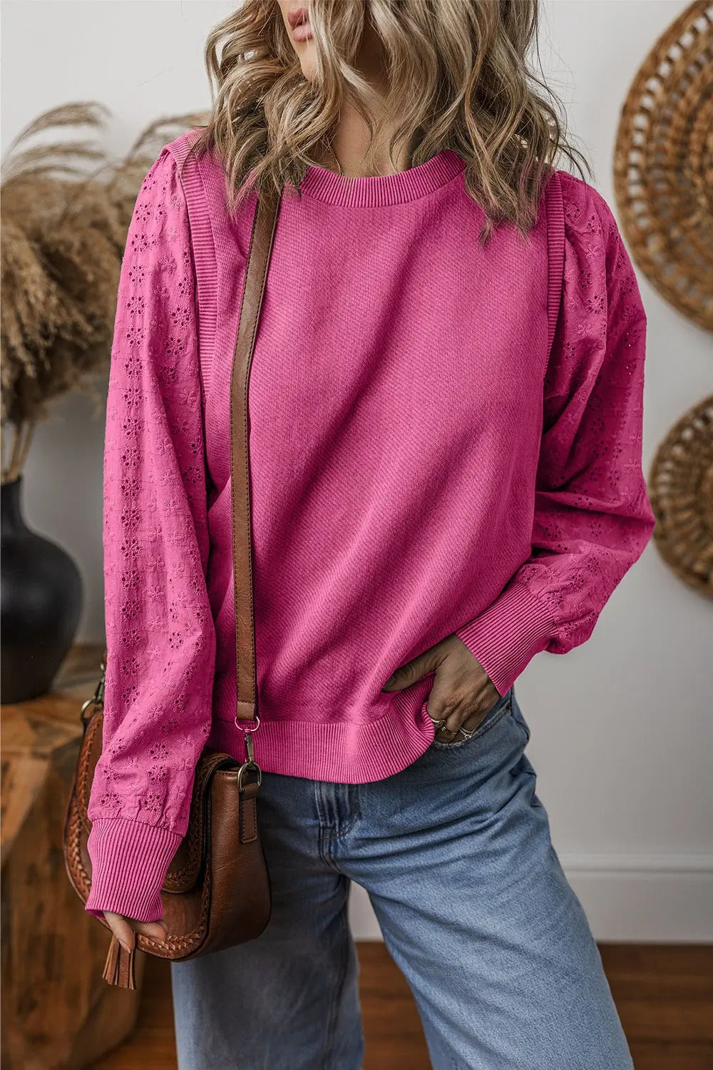 Eyelet Round Neck Long Sleeve Sweatshirt Trendsi