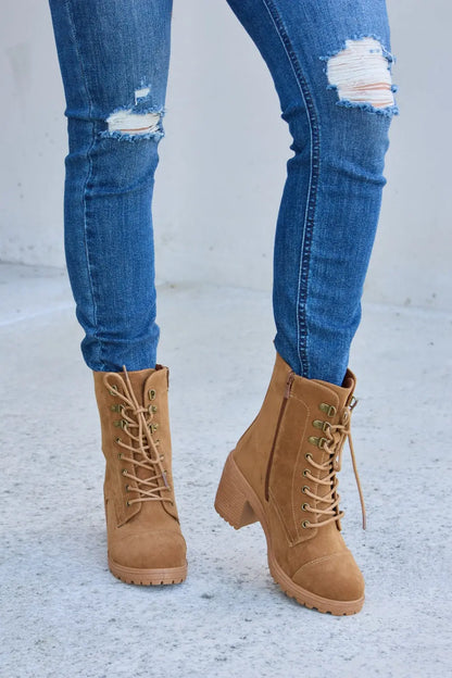 Forever Link Lace-Up Zipper Detail Block Heel Boots Trendsi