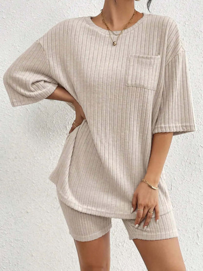 Ribbed Round Neck Top and Shorts Set Trendsi