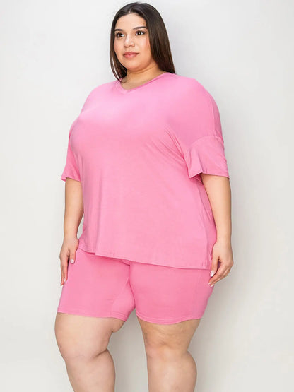 Basic Bae Full Size V-Neck Drop Shoulder T-Shirt and Shorts Set Trendsi