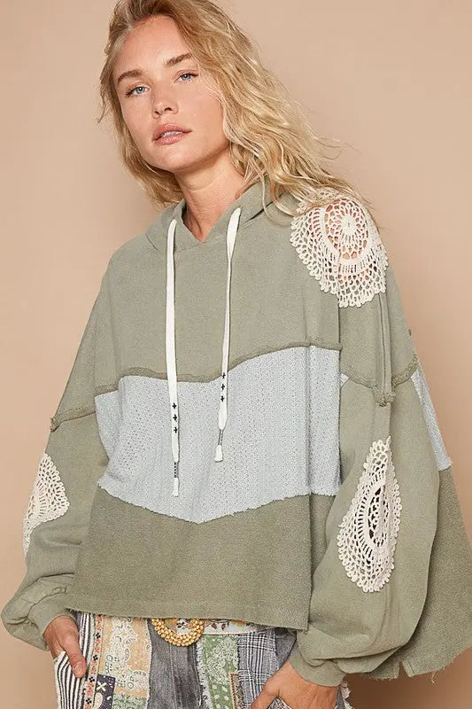 POL Openwork Contrast Dropped Shoulder Hoodie Trendsi