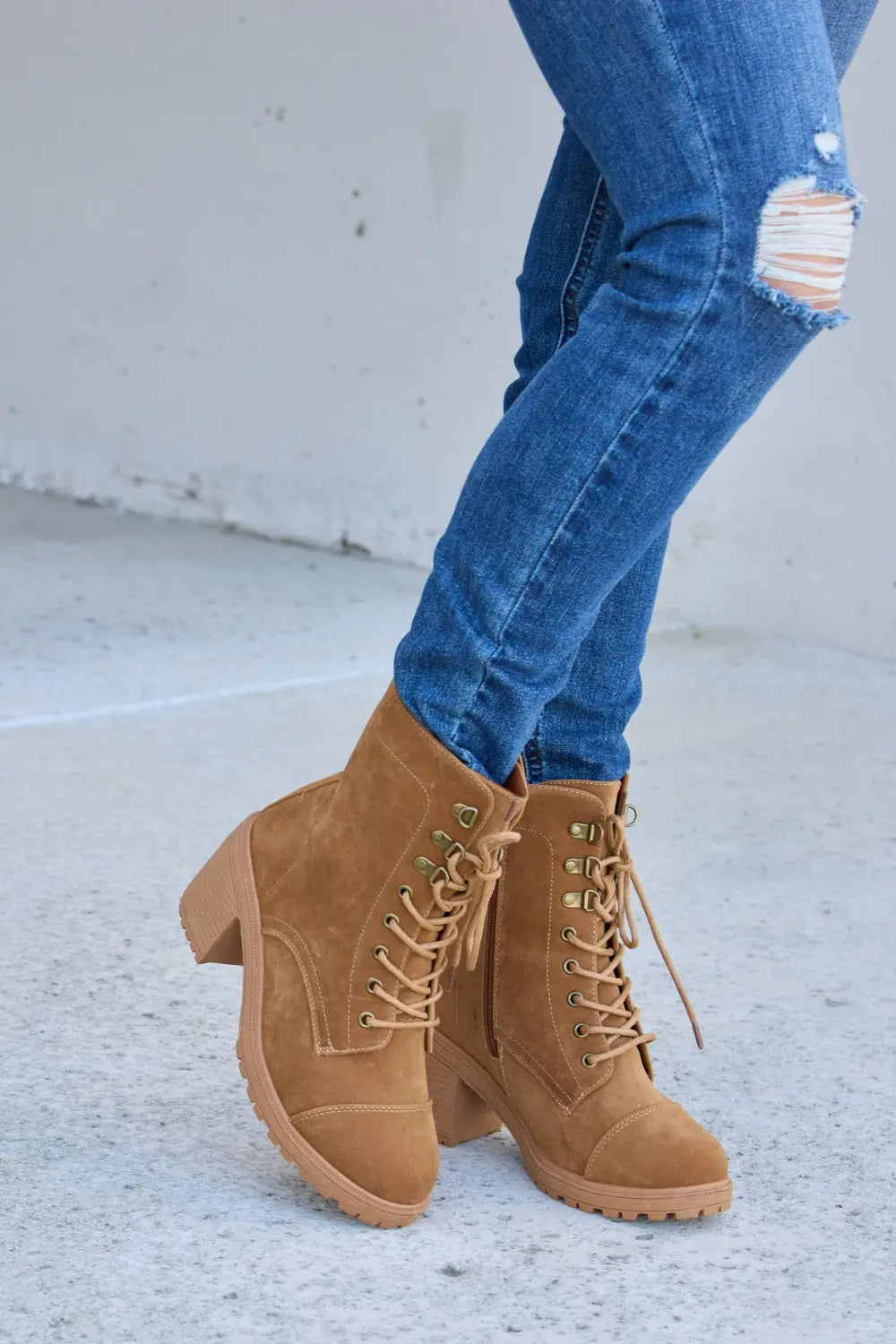 Forever Link Lace-Up Zipper Detail Block Heel Boots Trendsi