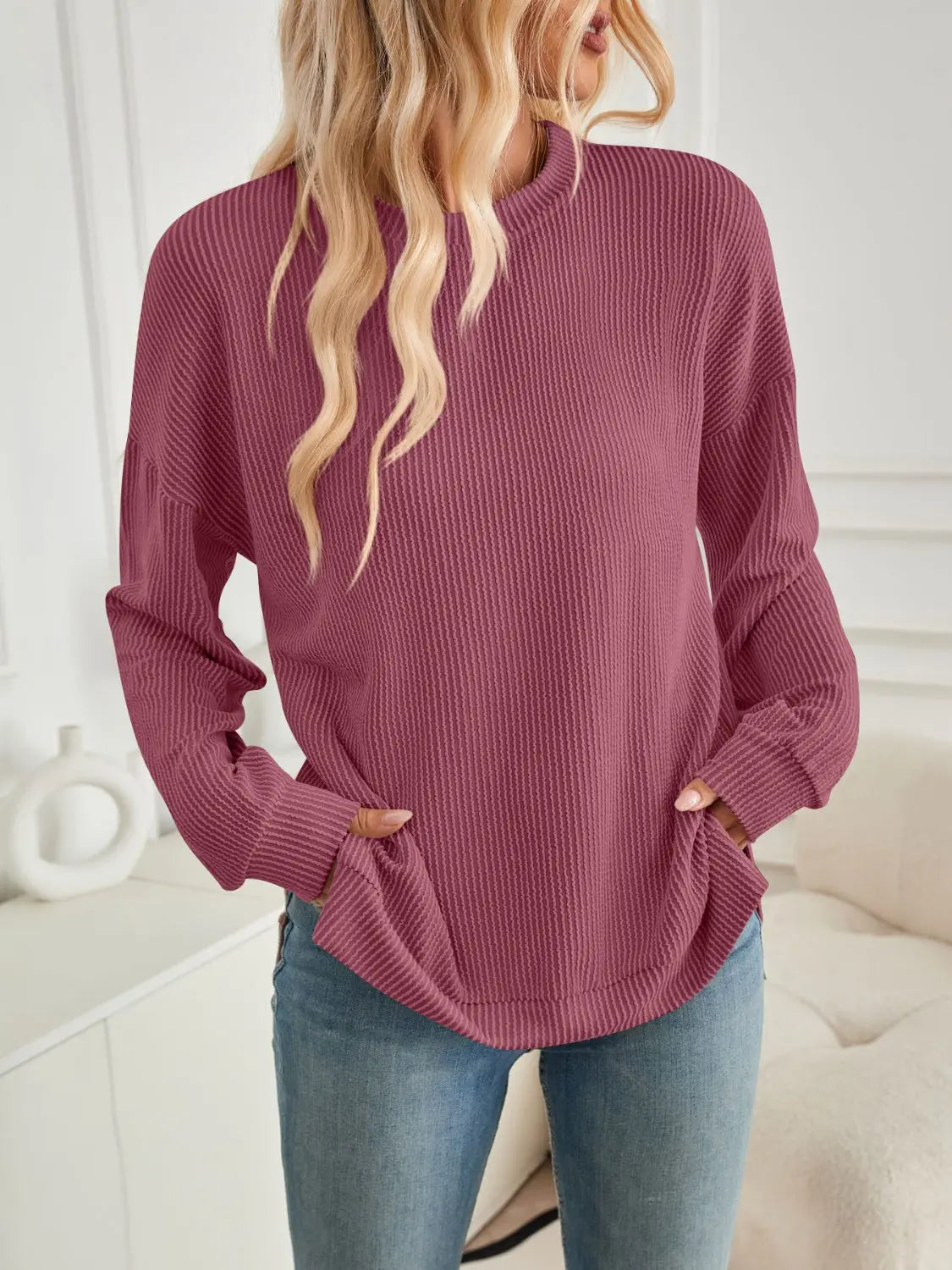 Slit Round Neck Long Sleeve Sweatshirt Trendsi