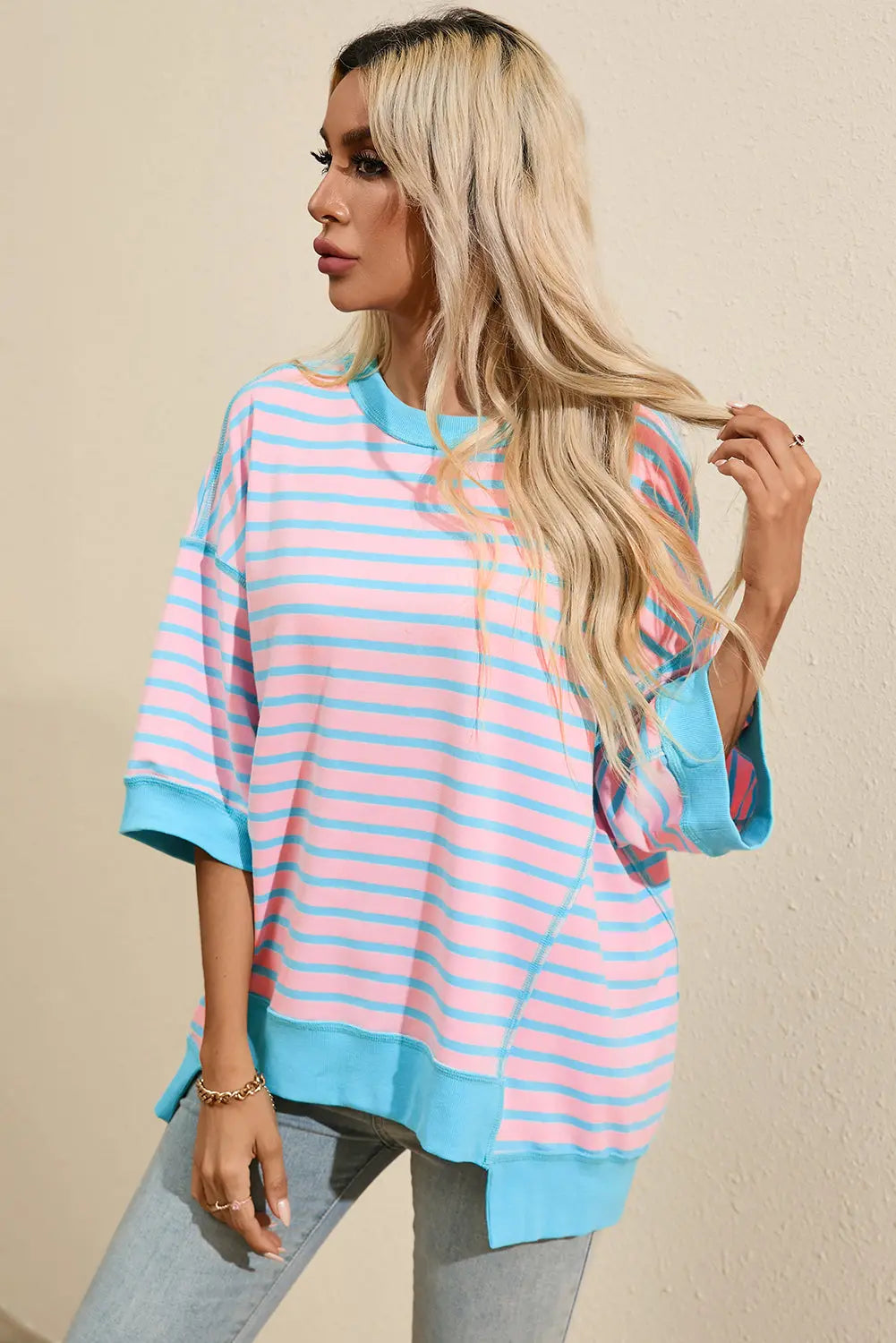 Striped Round Neck Half Sleeve T-Shirt Trendsi