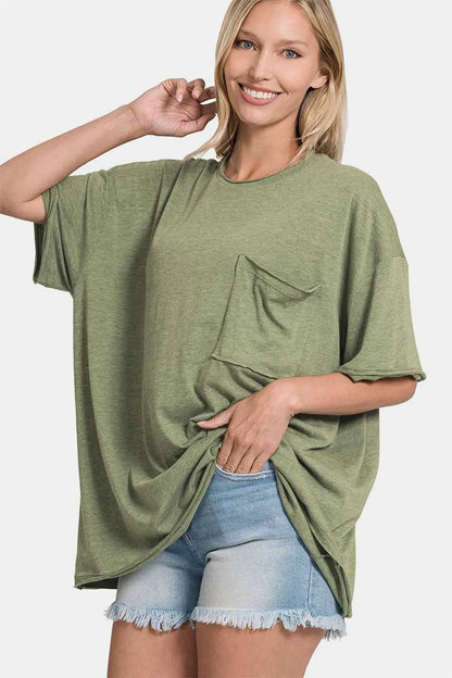 Zenana Drop Shoulder Oversized Front Pocket T-Shirt Trendsi