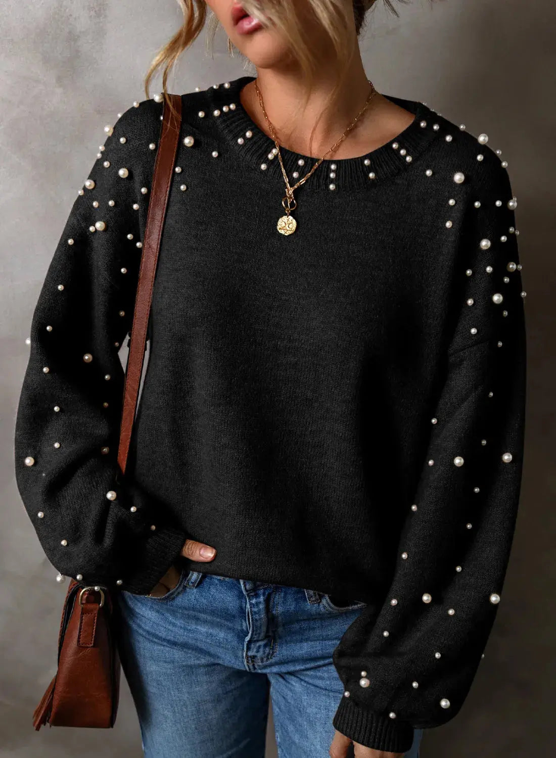 Pearl Detail Round Neck Long Sleeve Sweater Trendsi