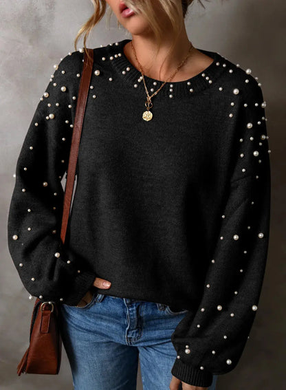 Pearl Detail Round Neck Long Sleeve Sweater Trendsi