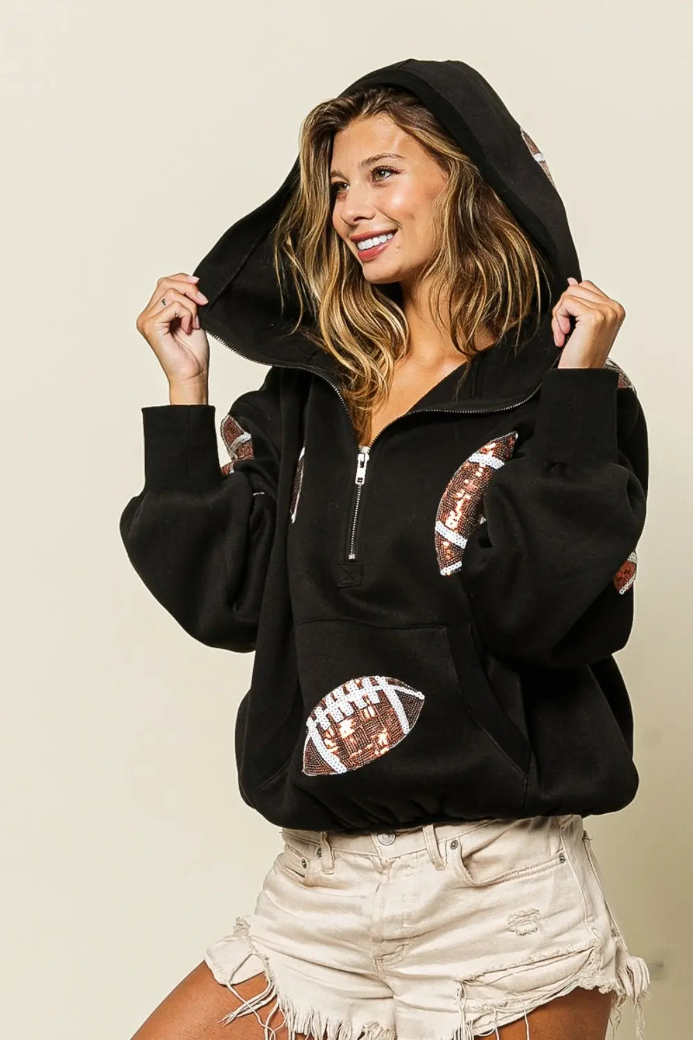 BiBi Sequin Football Half Zip Hoodie Trendsi