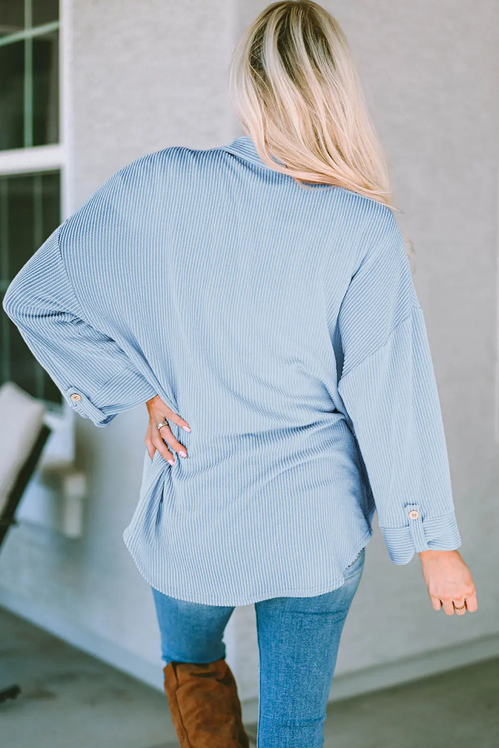 Striped Collared Neck Long Sleeve Shirt Trendsi