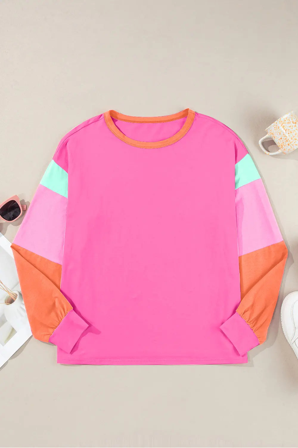 Color Block Round Neck Long Sleeve Top Trendsi