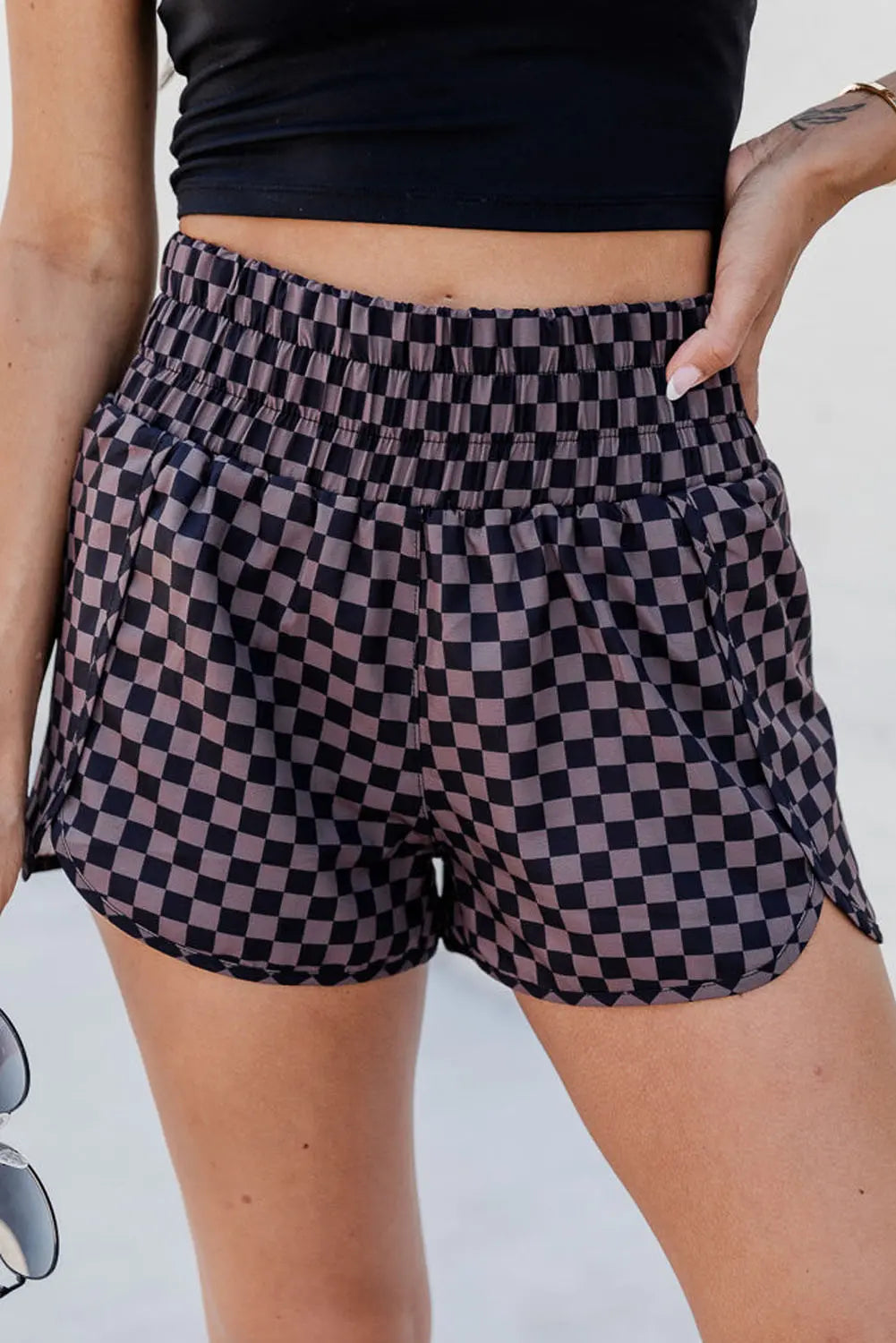 Checkered Elastic Waist Shorts Trendsi