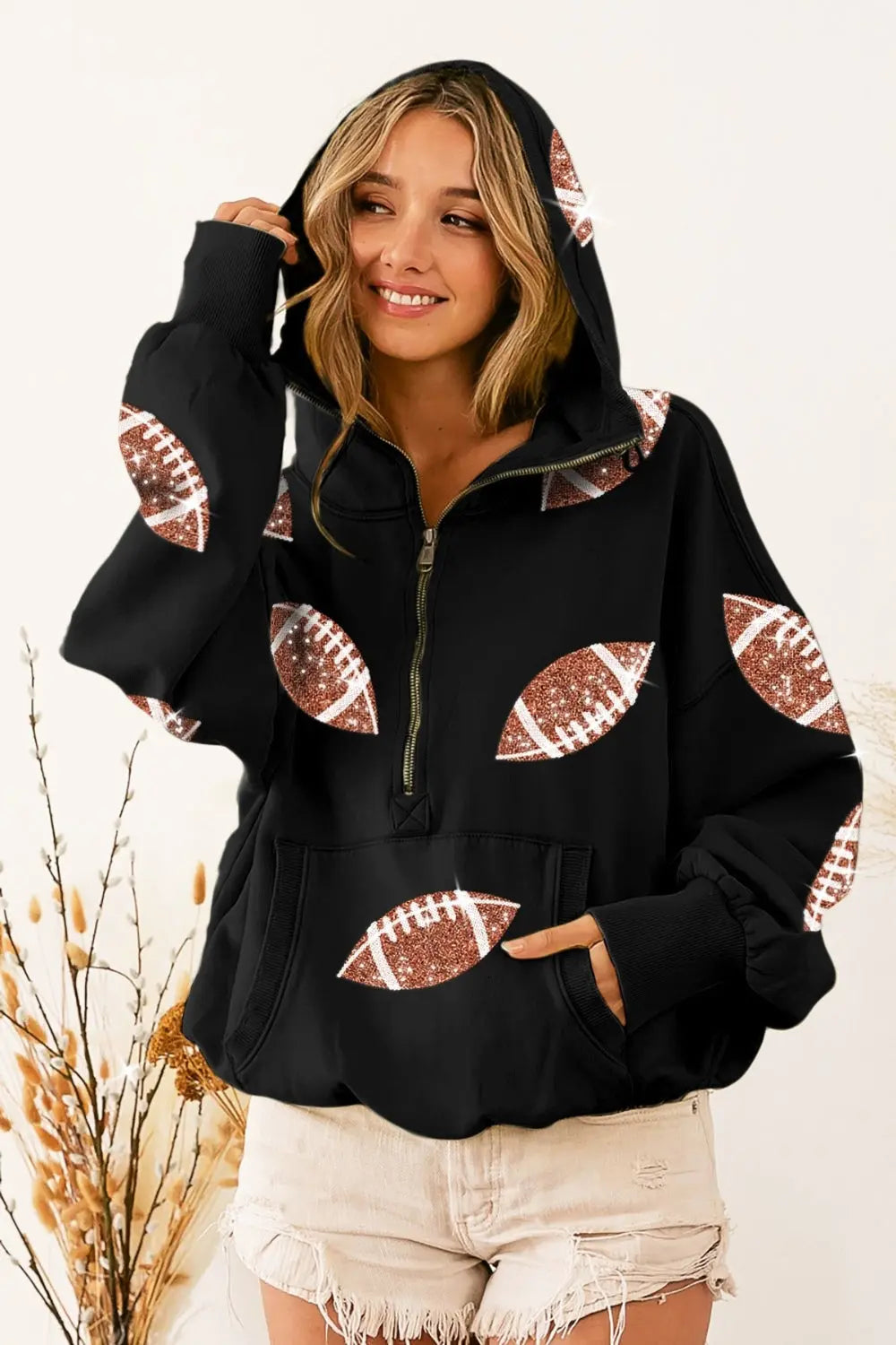 BiBi Sequin Football Half Zip Hoodie Trendsi