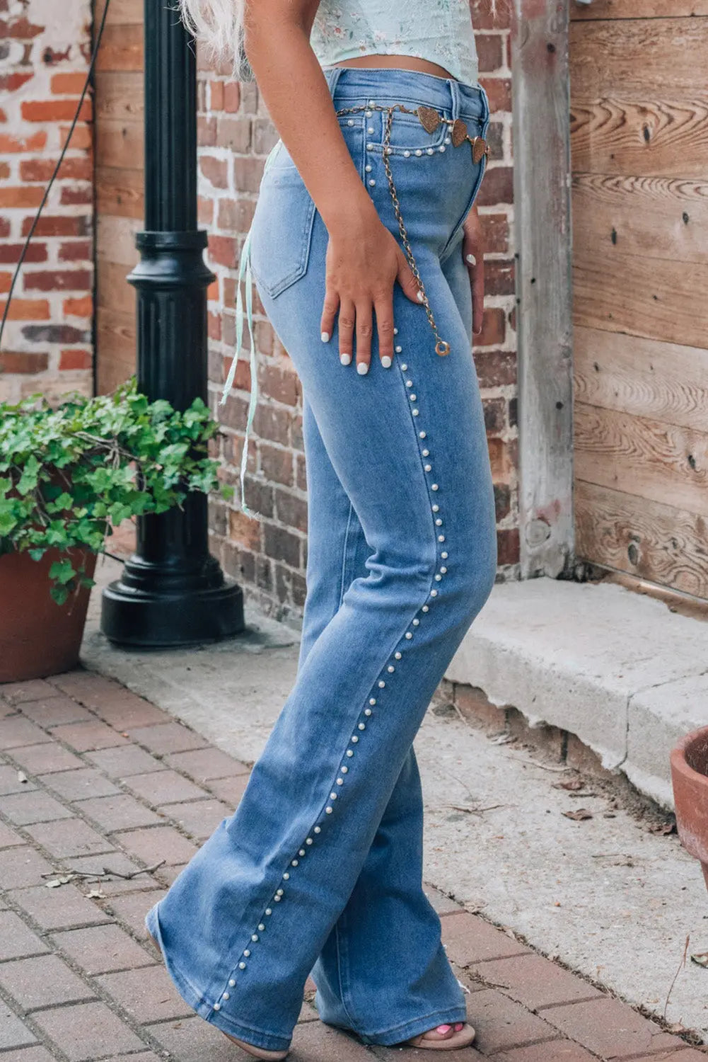 Pearl Trim High Waist Bootcut Jeans Trendsi