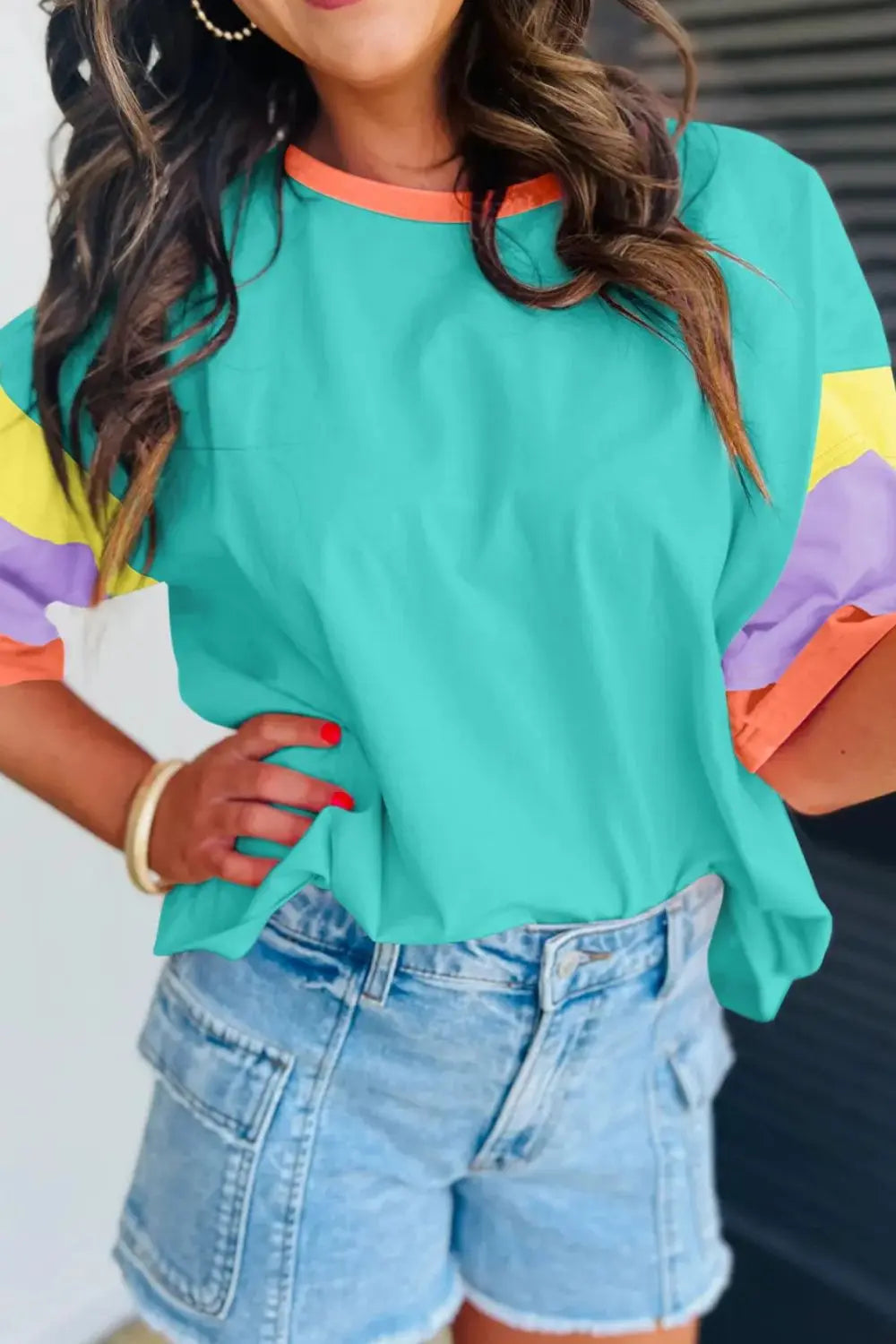 Color Block Round Neck Half Sleeve T-Shirt Trendsi