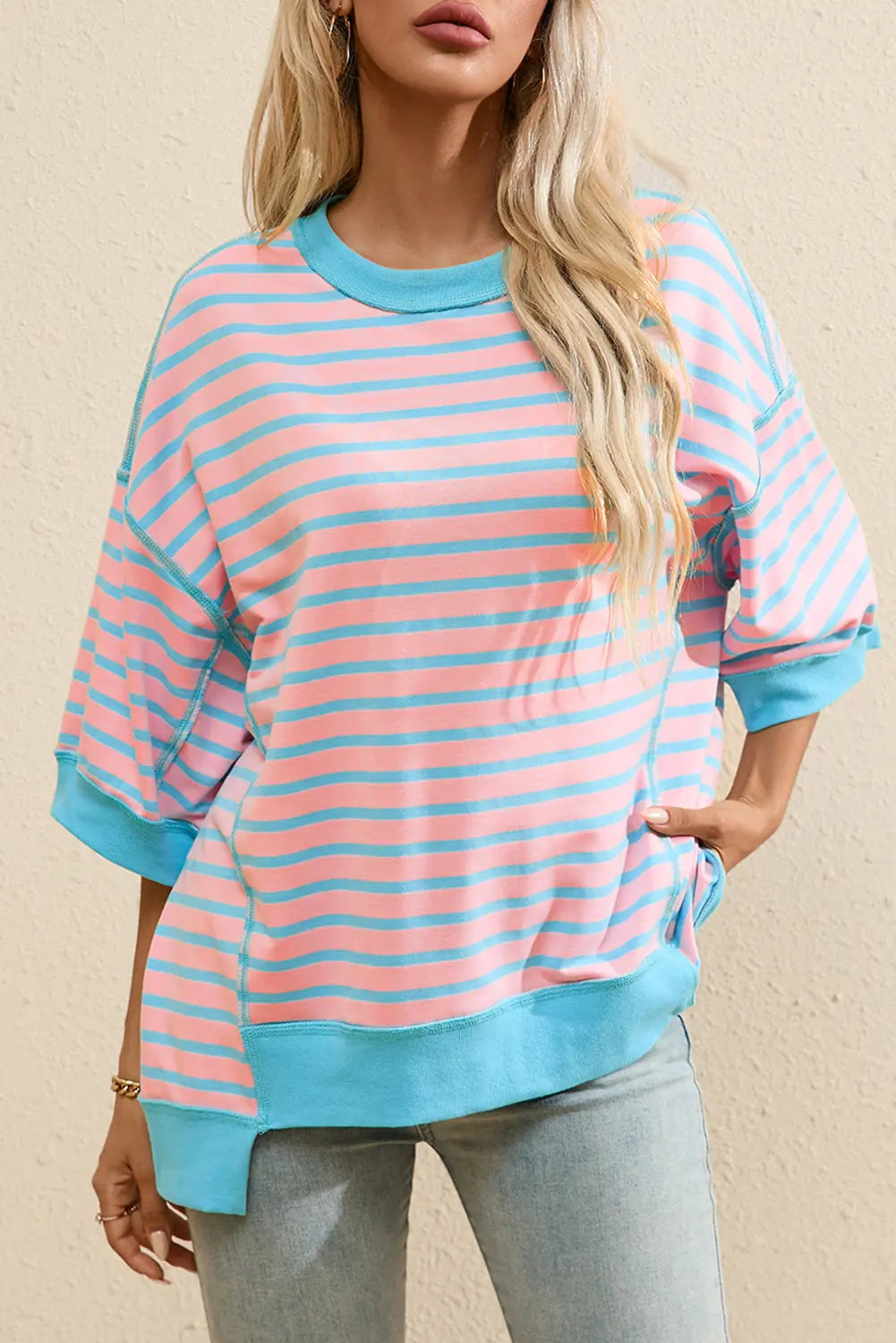 Striped Round Neck Half Sleeve T-Shirt Trendsi