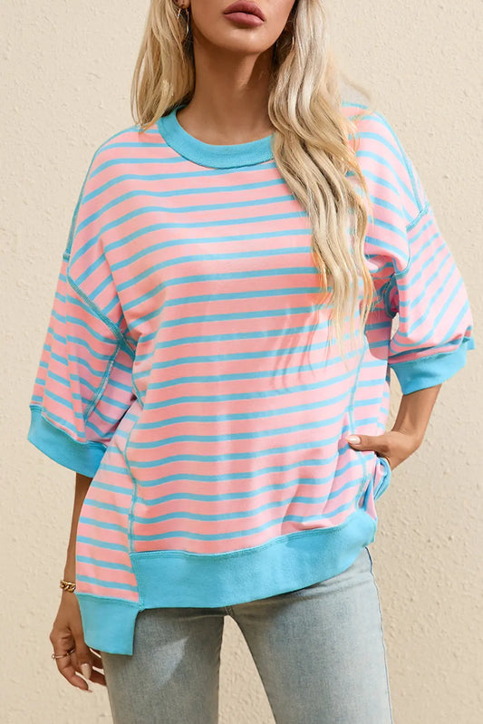 Striped Round Neck Half Sleeve T-Shirt Trendsi