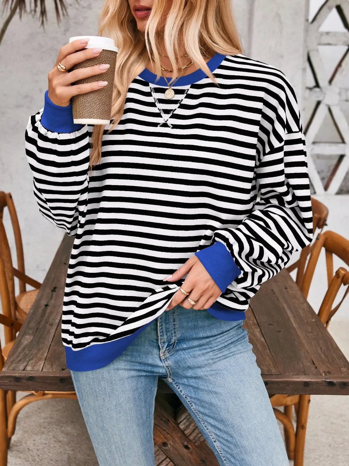 Contrast Striped Long Sleeve Sweatshirt Trendsi