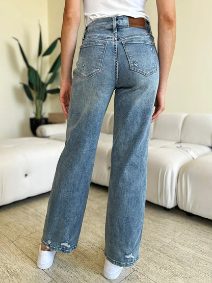 Judy Blue Full Size Mid Rise Distressed Straight Jeans Trendsi