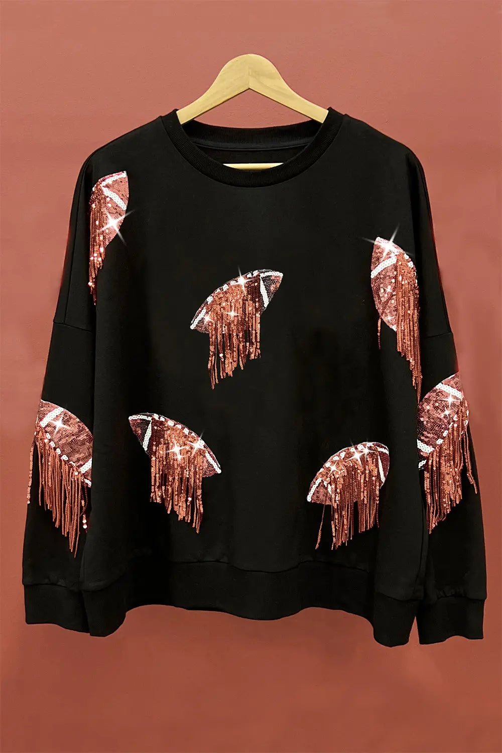 BiBi Sequin Fringe Football Patch Round Neck Sweatshirt Trendsi