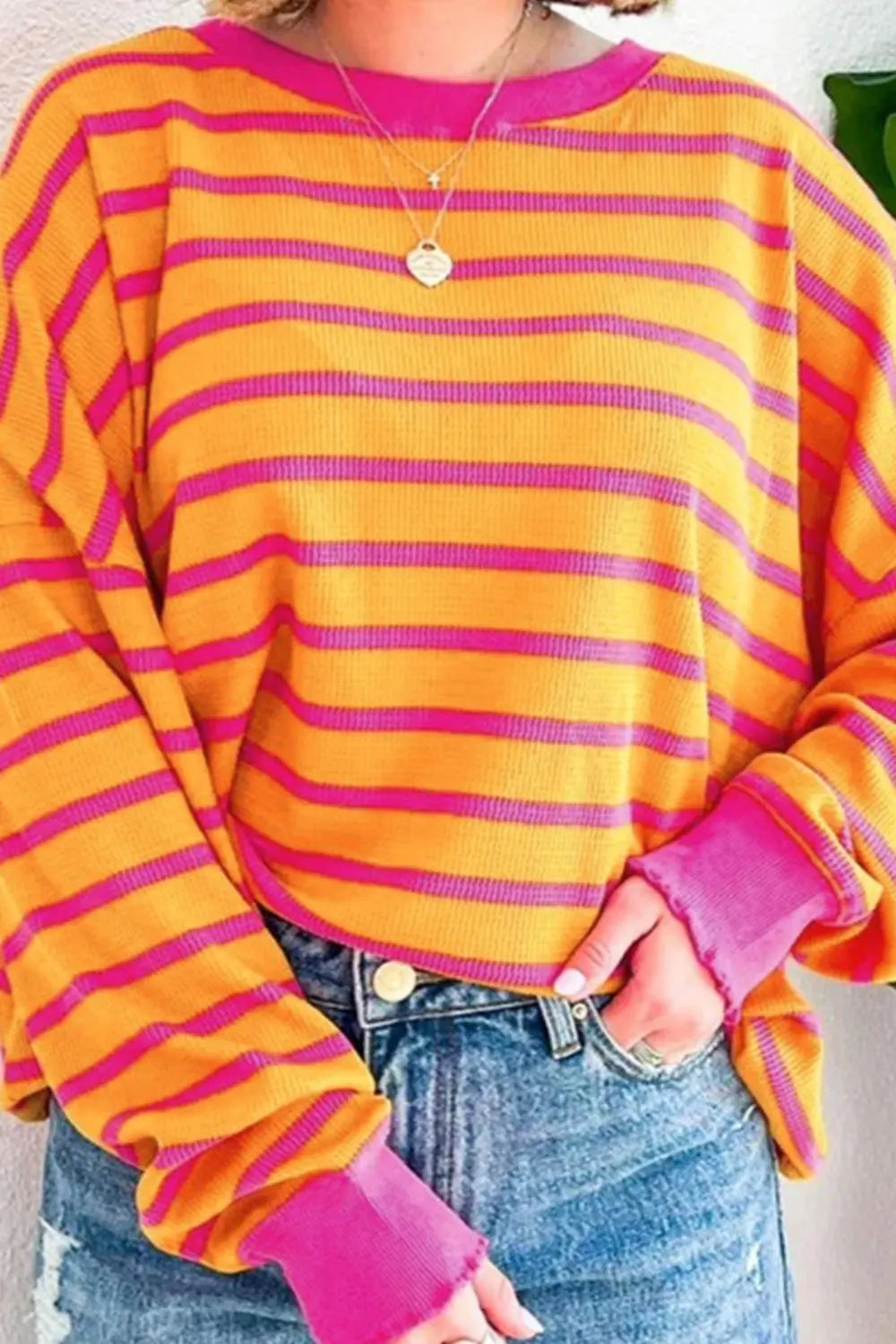 Striped Round Neck Long Sleeve Sweater Trendsi