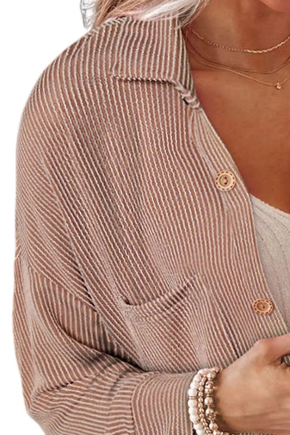 Striped Collared Neck Long Sleeve Shirt Trendsi