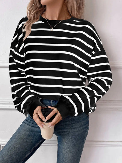 Striped Round Neck Long Sleeve Sweatshirt Trendsi